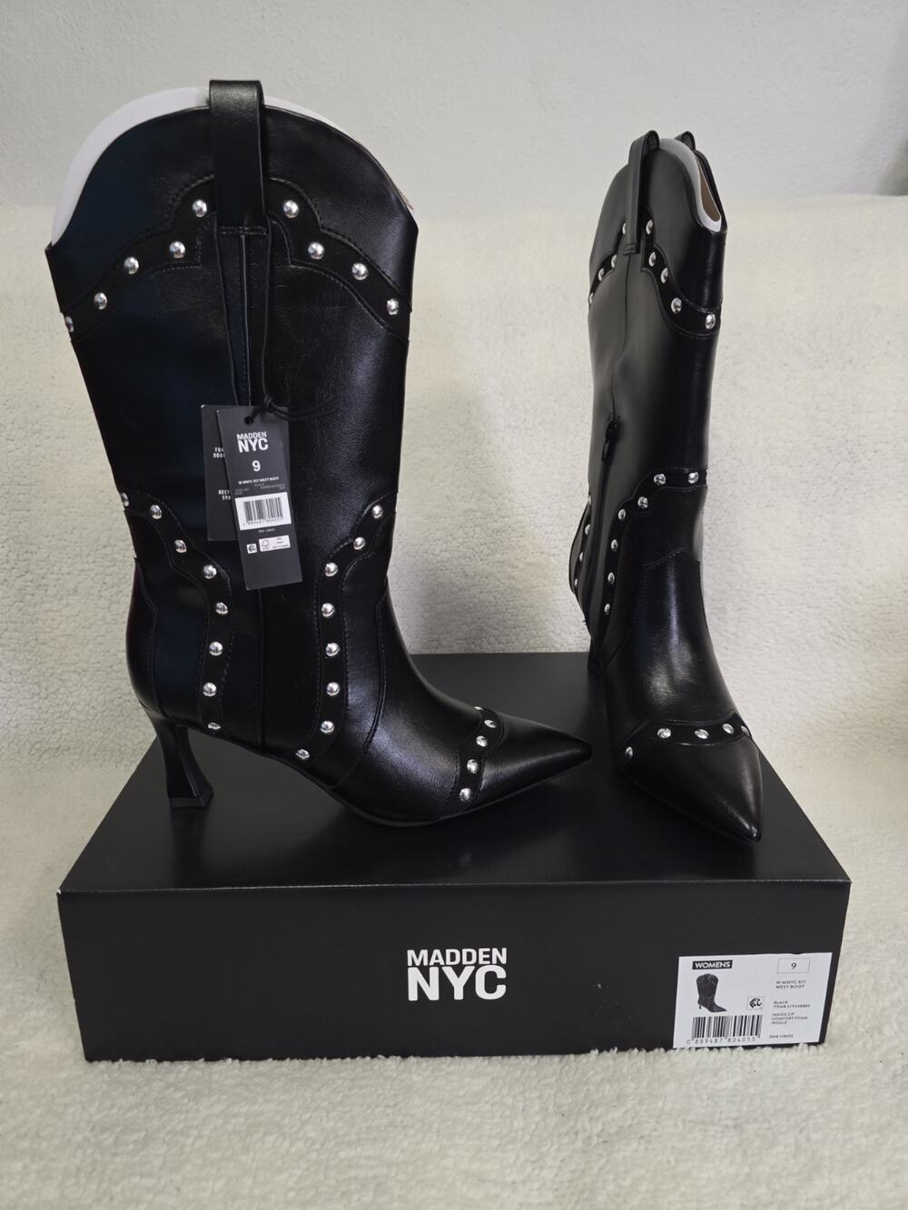 Madden NYC Kitten Heel Studded Faux Leather Western Boot In Black Size 9 NEW